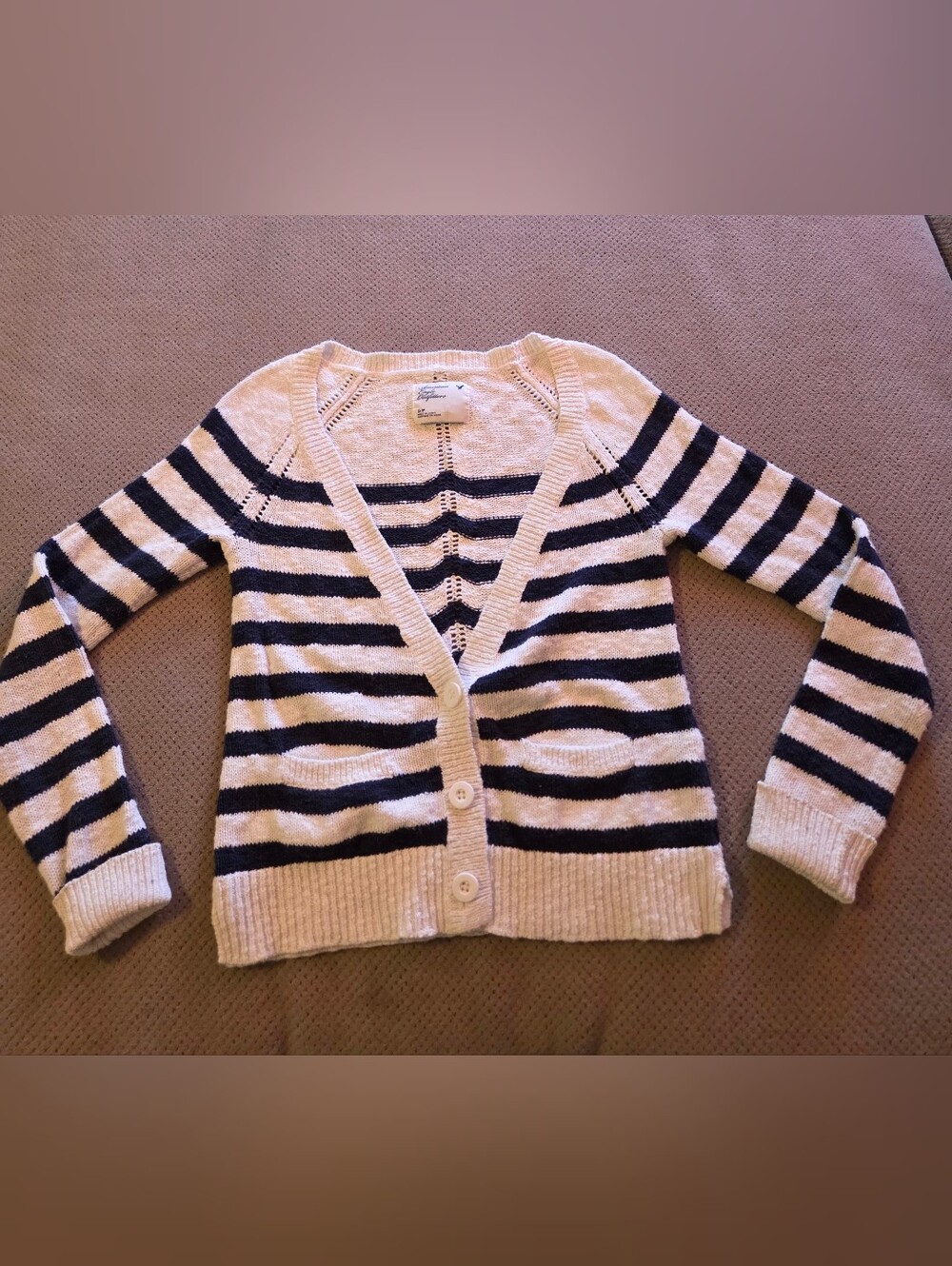 VTG American Eagle 100% Cotton Striped Cardigan Sweater Navy White Small